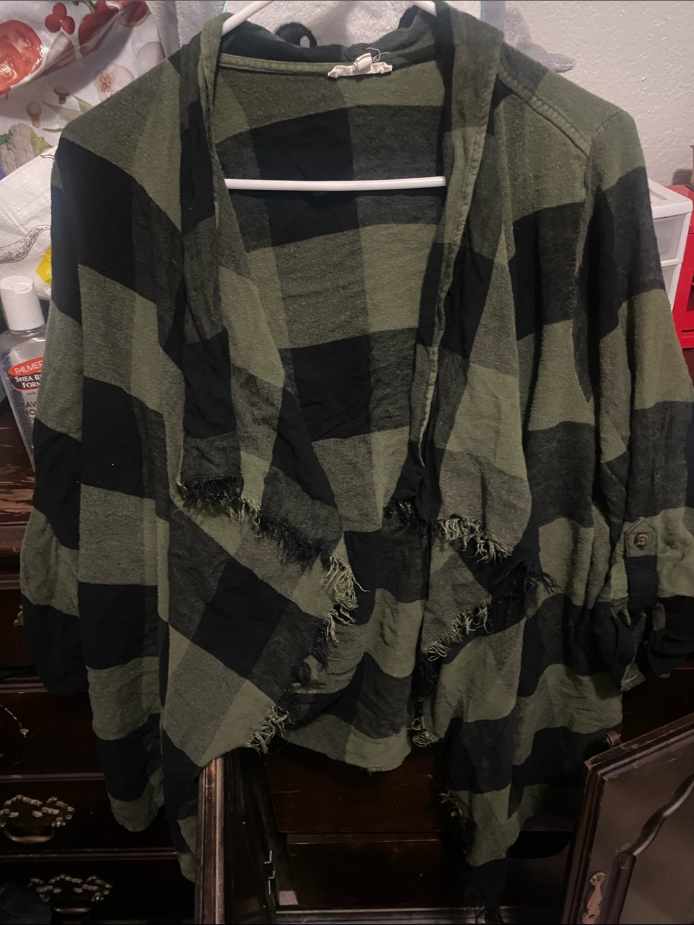 Maurices Olive Green & Black Plaid Hooded Open-Front Cape